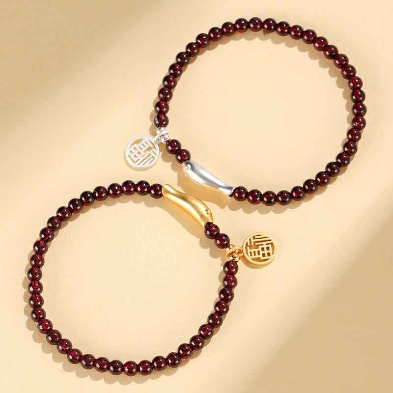 Wear FengShui Garnet 925 Sterling Silver Fish Fu Character Purification Bracelet