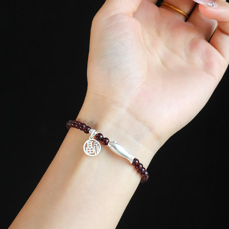 Wear FengShui Garnet 925 Sterling Silver Fish Fu Character Purification Bracelet