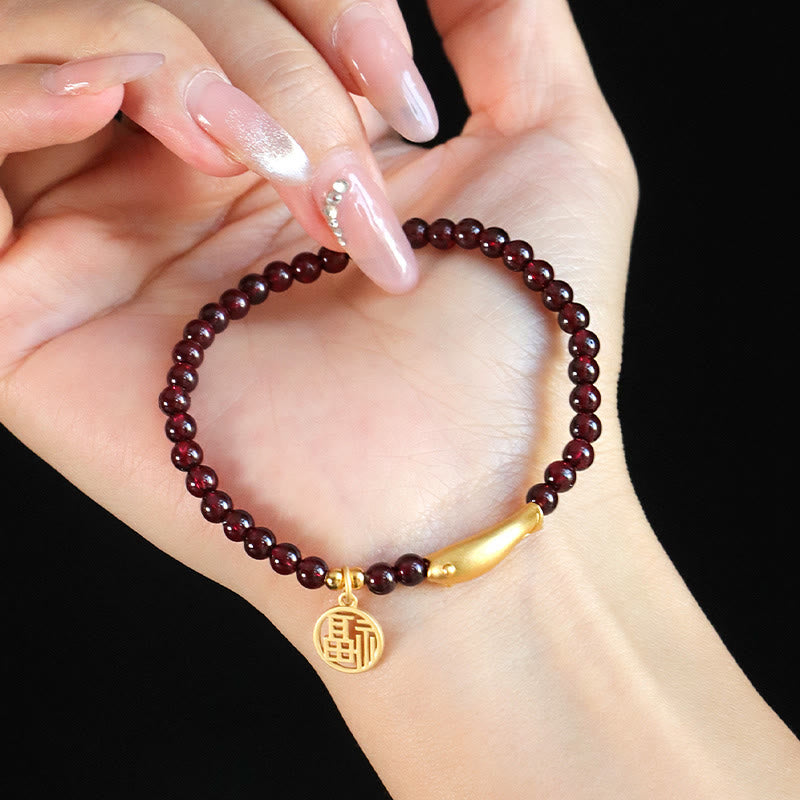 Wear FengShui Garnet 925 Sterling Silver Fish Fu Character Purification Bracelet