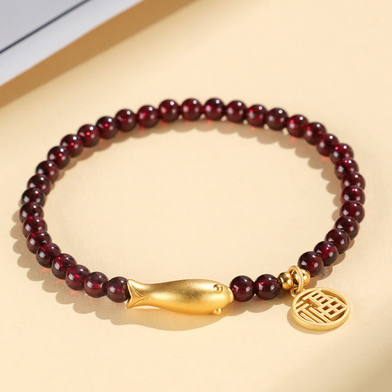 Wear FengShui Garnet 925 Sterling Silver Fish Fu Character Purification Bracelet