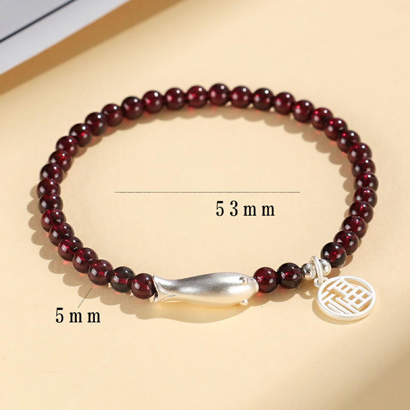 Wear FengShui Garnet 925 Sterling Silver Fish Fu Character Purification Bracelet