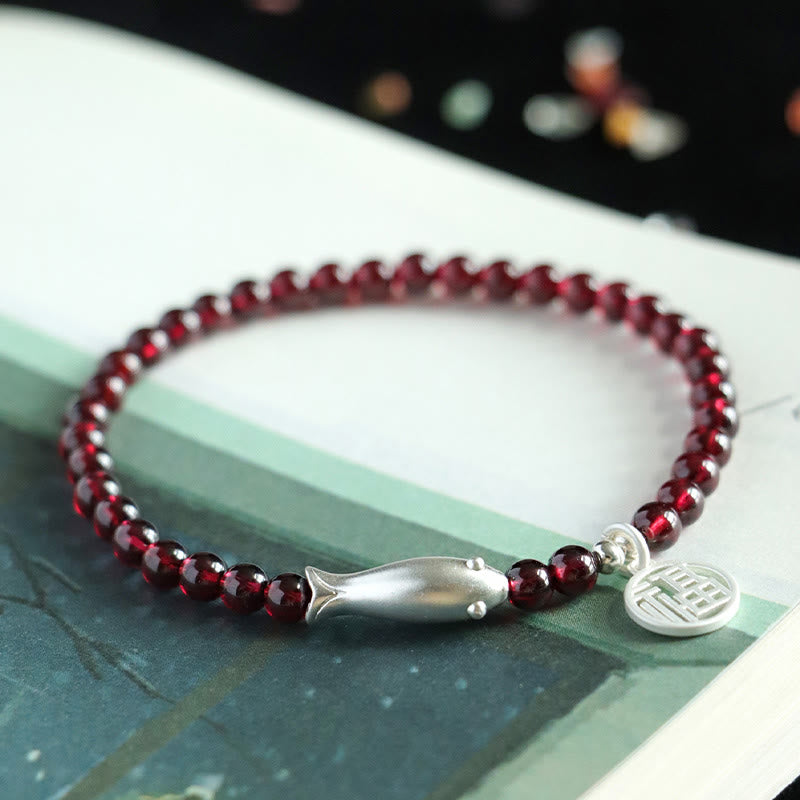 Wear FengShui Garnet 925 Sterling Silver Fish Fu Character Purification Bracelet