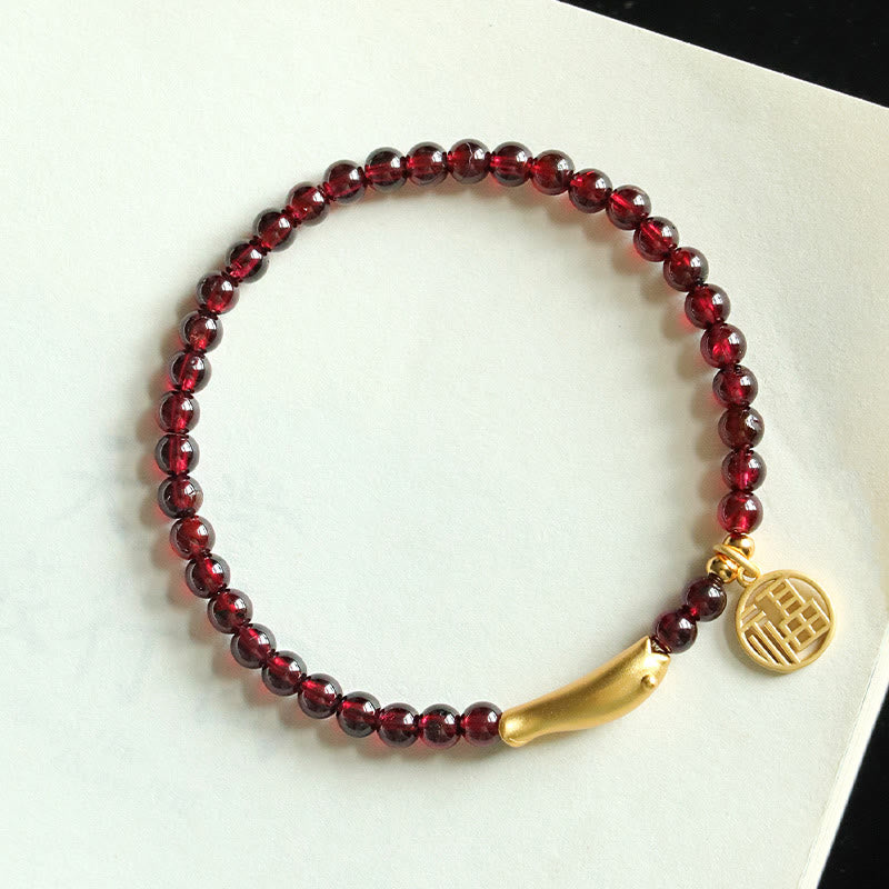 Wear FengShui Garnet 925 Sterling Silver Fish Fu Character Purification Bracelet