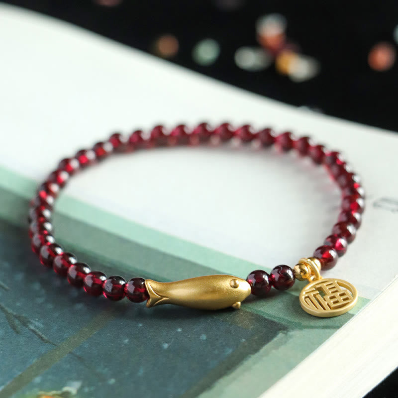 Wear FengShui Garnet 925 Sterling Silver Fish Fu Character Purification Bracelet