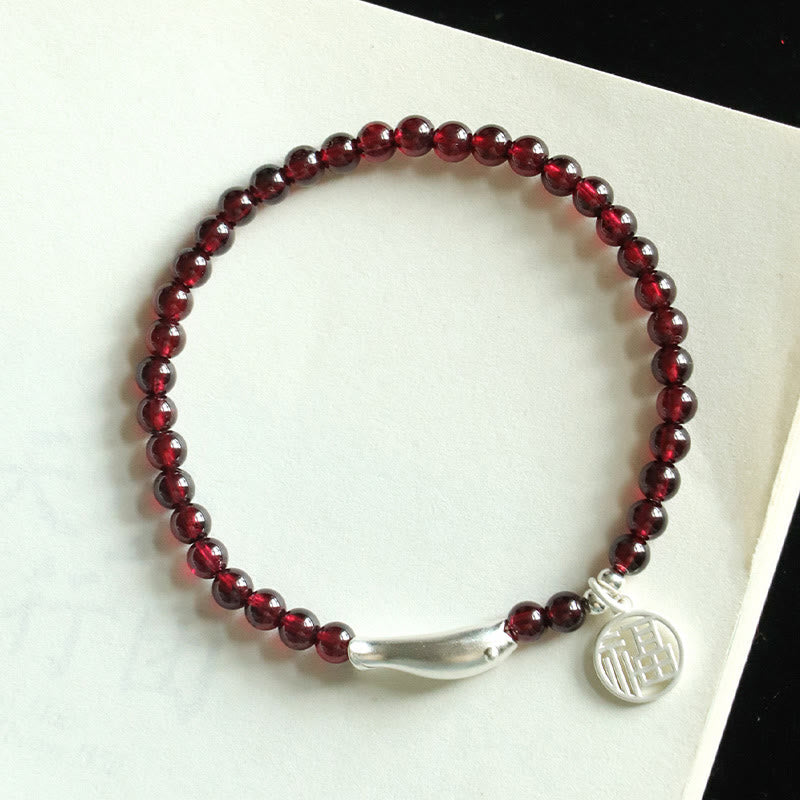 Wear FengShui Garnet 925 Sterling Silver Fish Fu Character Purification Bracelet