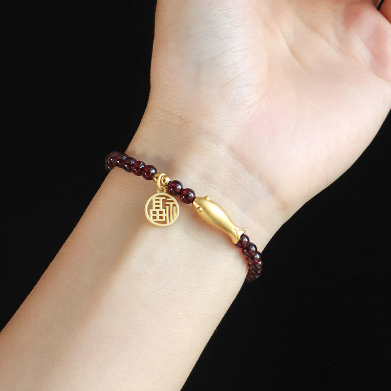 Wear FengShui Garnet 925 Sterling Silver Fish Fu Character Purification Bracelet