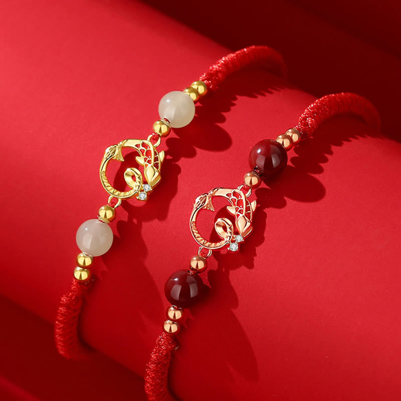 Wear FengShui 925 Sterling Silver Hetian Jade Cinnabar Koi Fish Year Of Snake Red String Protection Braided Bracelet