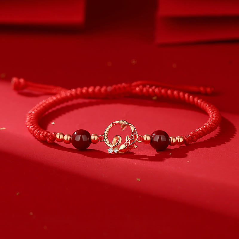 Wear FengShui 925 Sterling Silver Hetian Jade Cinnabar Koi Fish Year Of Snake Red String Protection Braided Bracelet