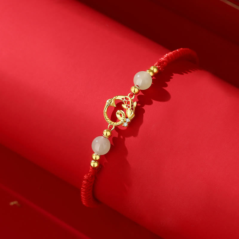 Wear FengShui 925 Sterling Silver Hetian Jade Cinnabar Koi Fish Year Of Snake Red String Protection Braided Bracelet
