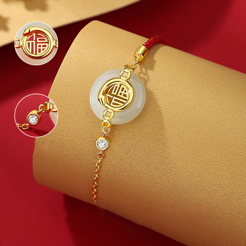 Wear FengShui 925 Sterling Silver Hetian Jade Peace Buckle Fu Character Year Of Snake Red String Protection Braided Bracelet