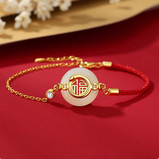 Wear FengShui 925 Sterling Silver Hetian Jade Peace Buckle Fu Character Year Of Snake Red String Protection Braided Bracelet
