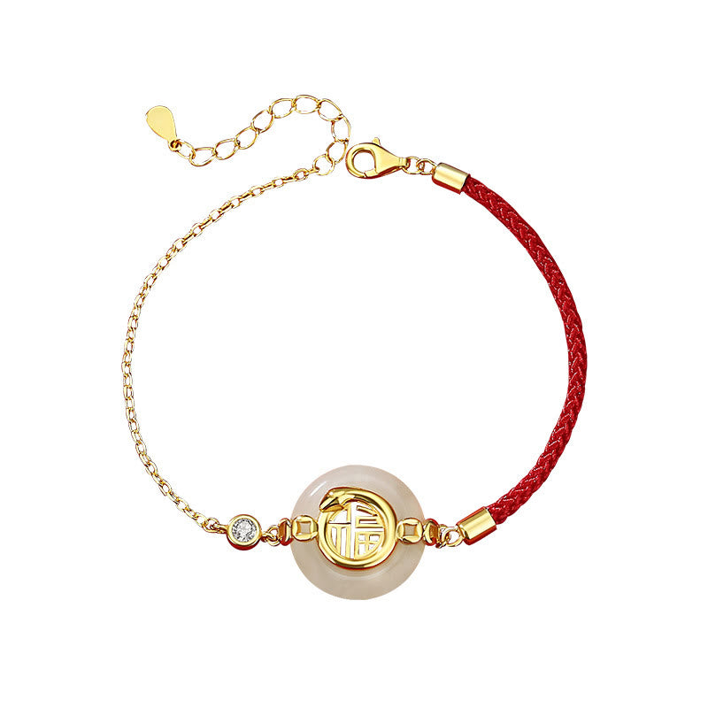 Wear FengShui 925 Sterling Silver Hetian Jade Peace Buckle Fu Character Year Of Snake Red String Protection Braided Bracelet