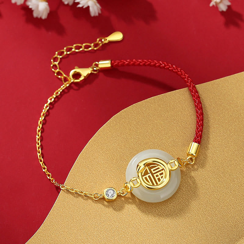 Wear FengShui 925 Sterling Silver Hetian Jade Peace Buckle Fu Character Year Of Snake Red String Protection Braided Bracelet