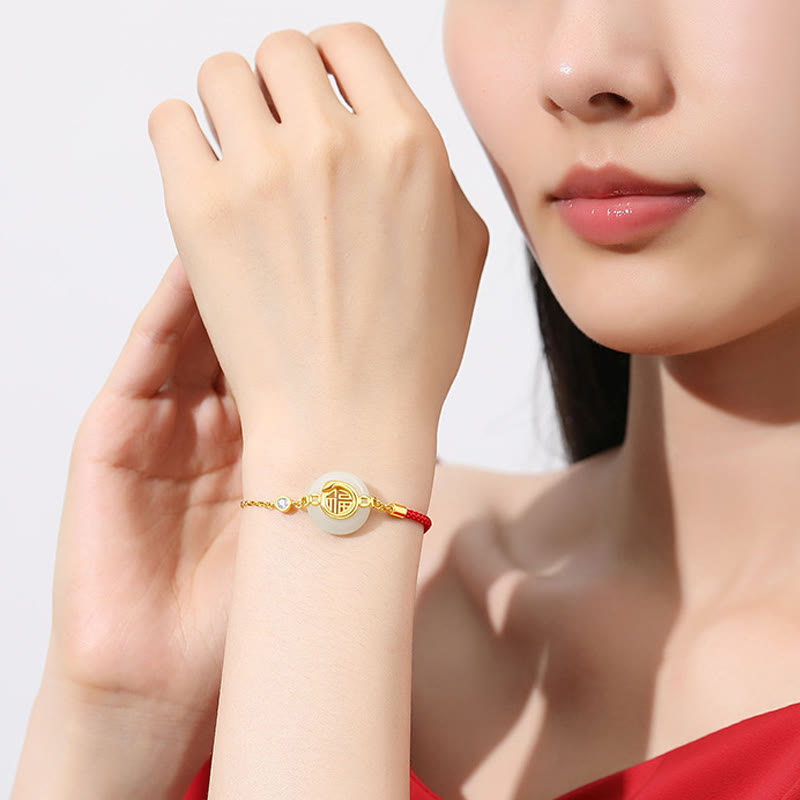 Wear FengShui 925 Sterling Silver Hetian Jade Peace Buckle Fu Character Year Of Snake Red String Protection Braided Bracelet