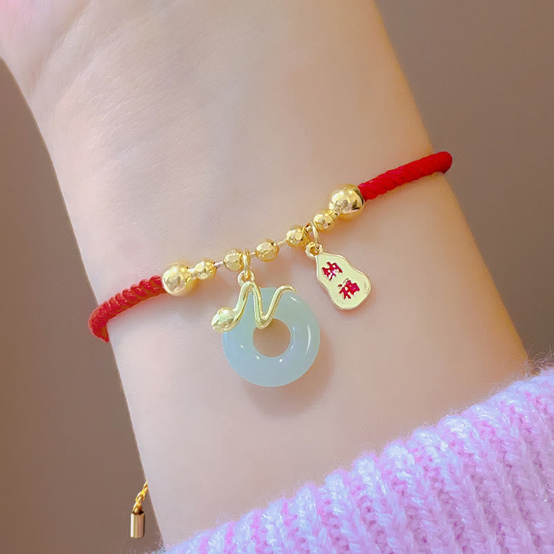 Wear FengShui Copper Plated Gold Jade Peace Buckle Fu Character Year Of The Snake Red String Luck Bracelet