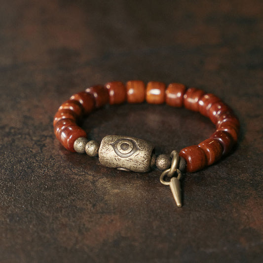 Wear FengShui Bone Beads Dzi Shape Copper Cone Pendant Strength Bracelet