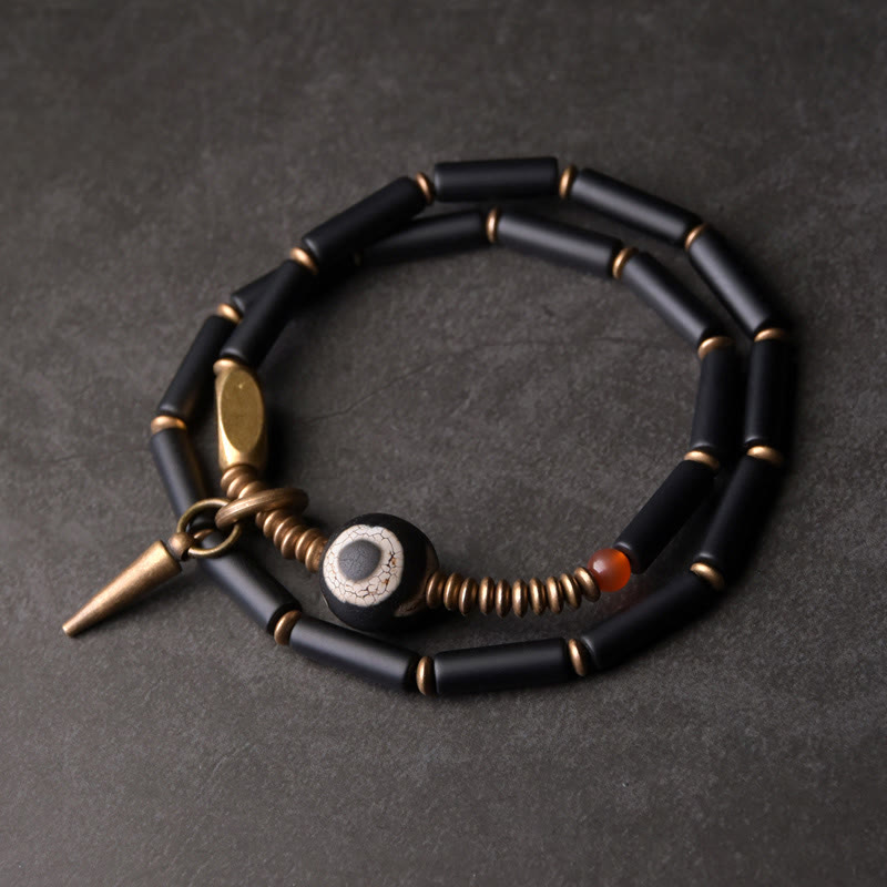 Wear FengShui Black Onyx Copper Dzi Bead Cone Pendant Double Wrap Protection Bracelet