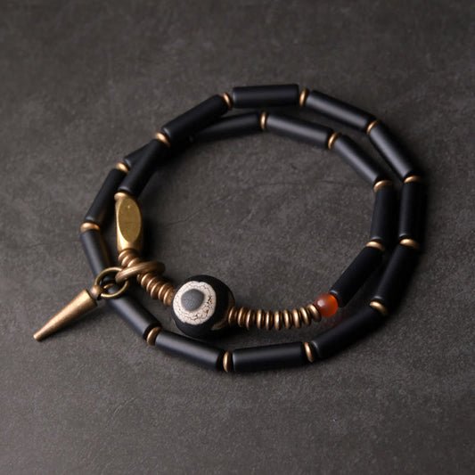 Wear FengShui Black Onyx Copper Dzi Bead Cone Pendant Double Wrap Protection Bracelet