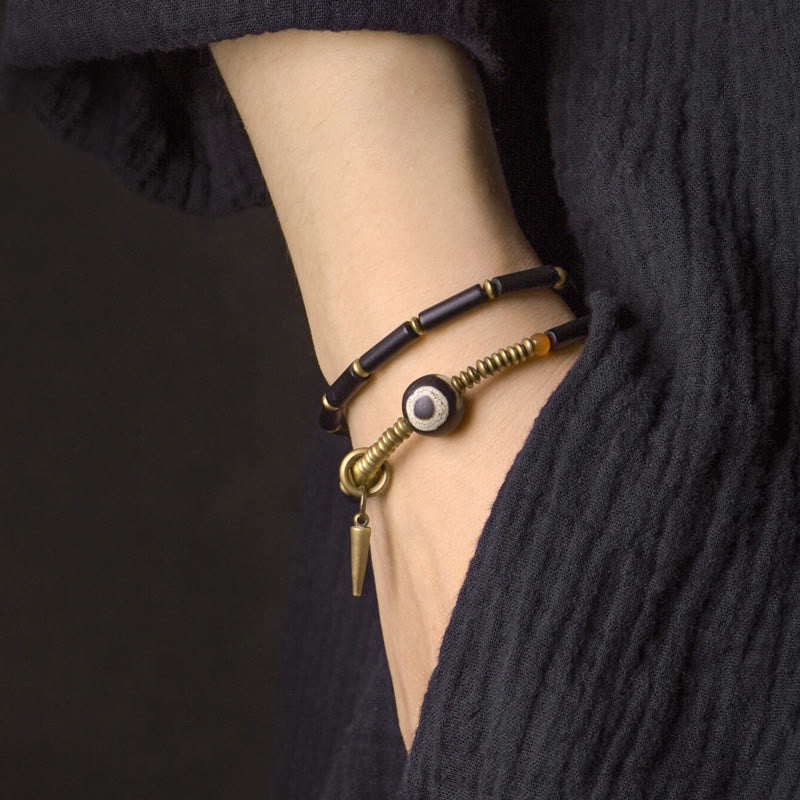 Wear FengShui Black Onyx Copper Dzi Bead Cone Pendant Double Wrap Protection Bracelet