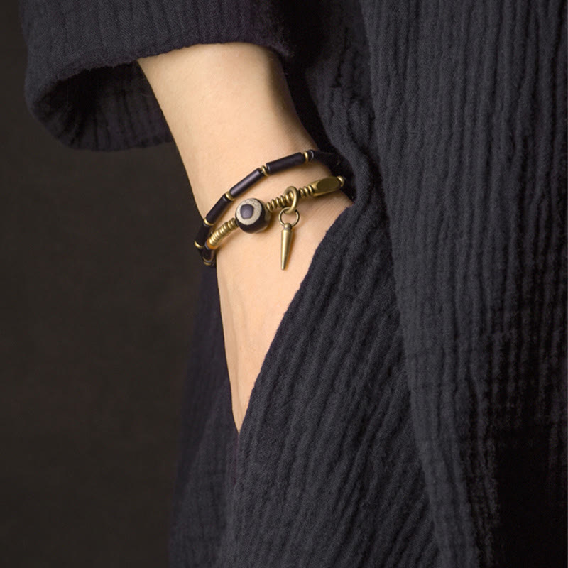 Wear FengShui Black Onyx Copper Dzi Bead Cone Pendant Double Wrap Protection Bracelet