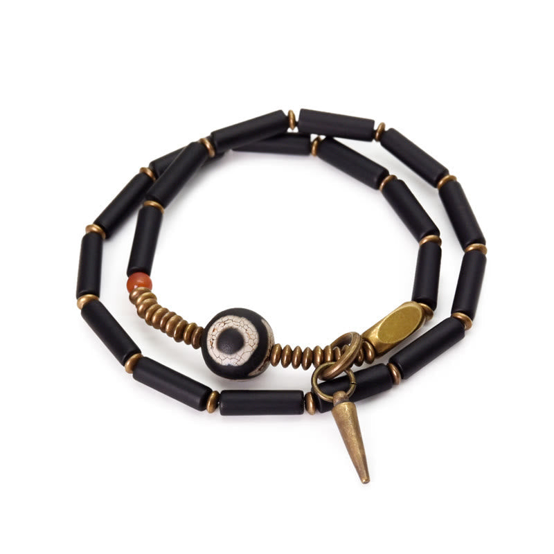 Wear FengShui Black Onyx Copper Dzi Bead Cone Pendant Double Wrap Protection Bracelet