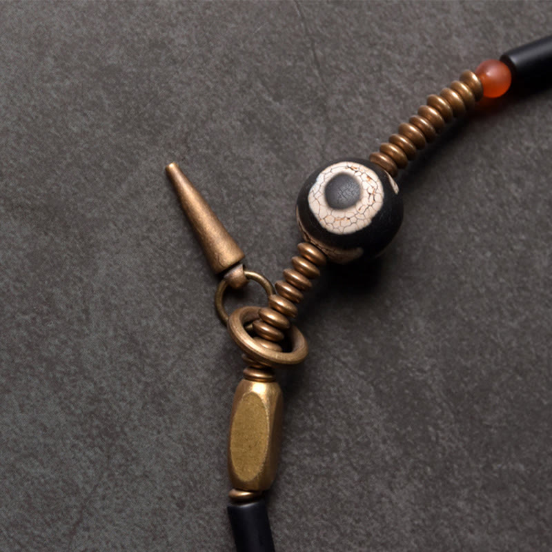 Wear FengShui Black Onyx Copper Dzi Bead Cone Pendant Double Wrap Protection Bracelet