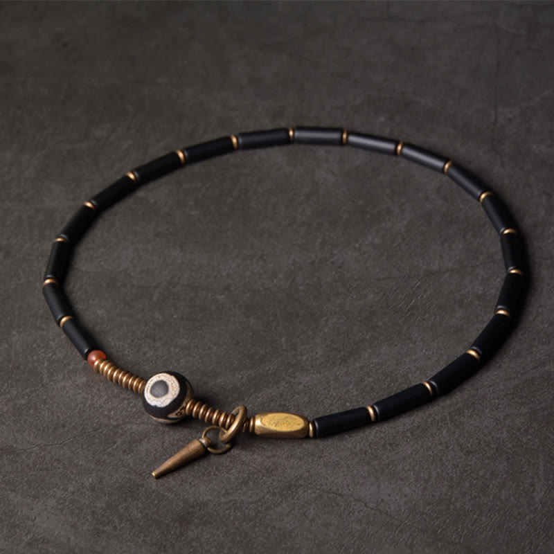 Wear FengShui Black Onyx Copper Dzi Bead Cone Pendant Double Wrap Protection Bracelet