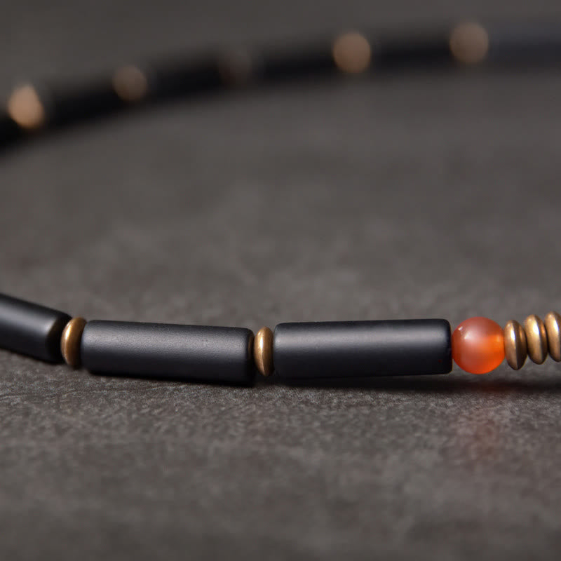 Wear FengShui Black Onyx Copper Dzi Bead Cone Pendant Double Wrap Protection Bracelet