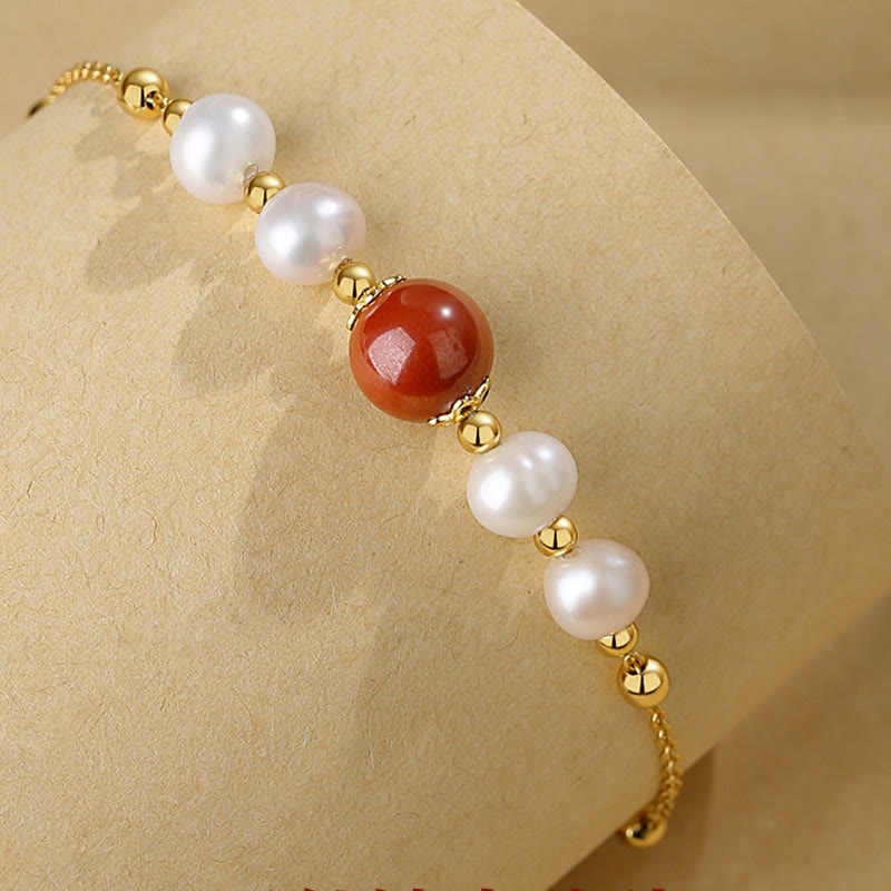 Wear FengShui 925 Sterling Silver Pearl Cinnabar Healing Bead Chain Bracelet
