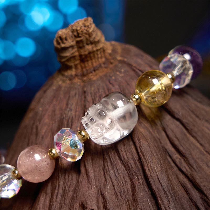 Wear FengShui PiXiu White Crystal Citrine Green Strawberry Quartz Amethyst Luck Bracelet