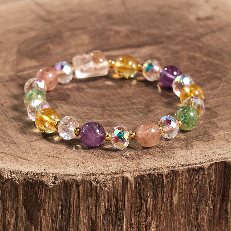 Wear FengShui PiXiu White Crystal Citrine Green Strawberry Quartz Amethyst Luck Bracelet