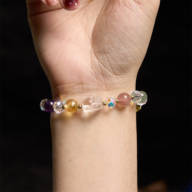 Wear FengShui PiXiu White Crystal Citrine Green Strawberry Quartz Amethyst Luck Bracelet