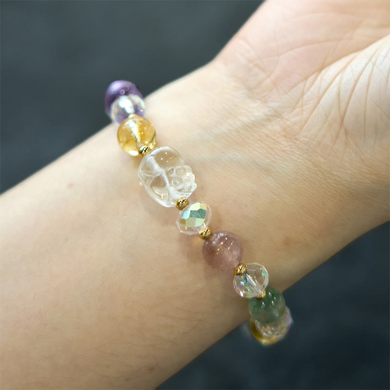 Wear FengShui PiXiu White Crystal Citrine Green Strawberry Quartz Amethyst Luck Bracelet