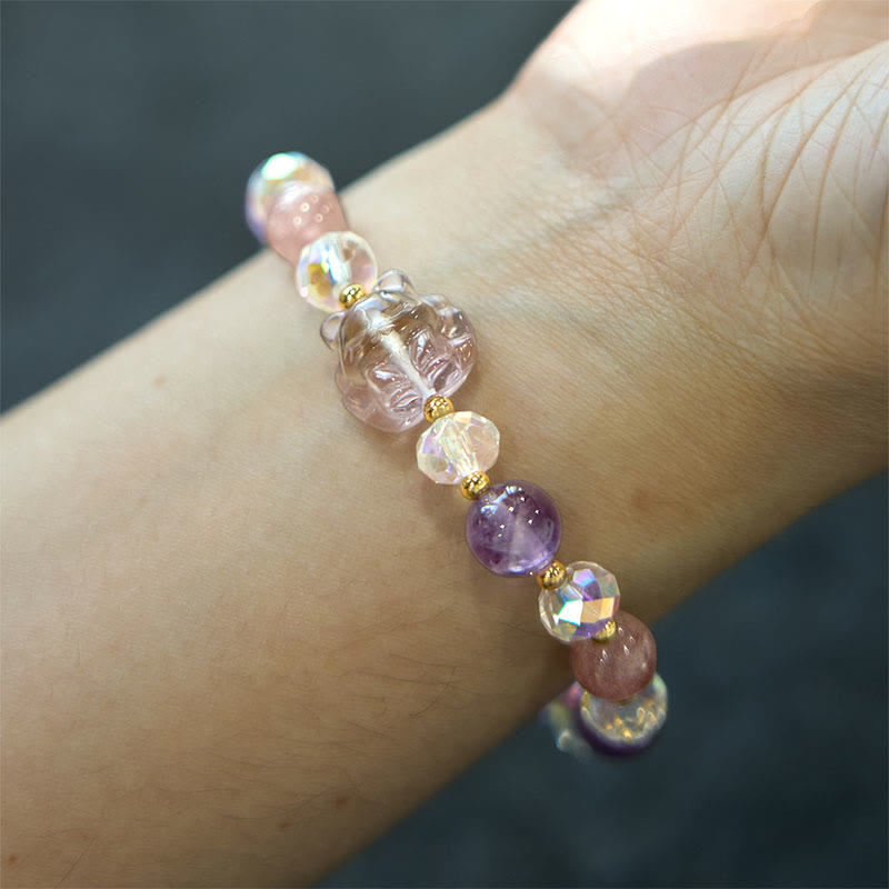 Wear FengShui Amethyst Strawberry Quartz White Crystal Nine Tailed Fox Meditation Bracelet
