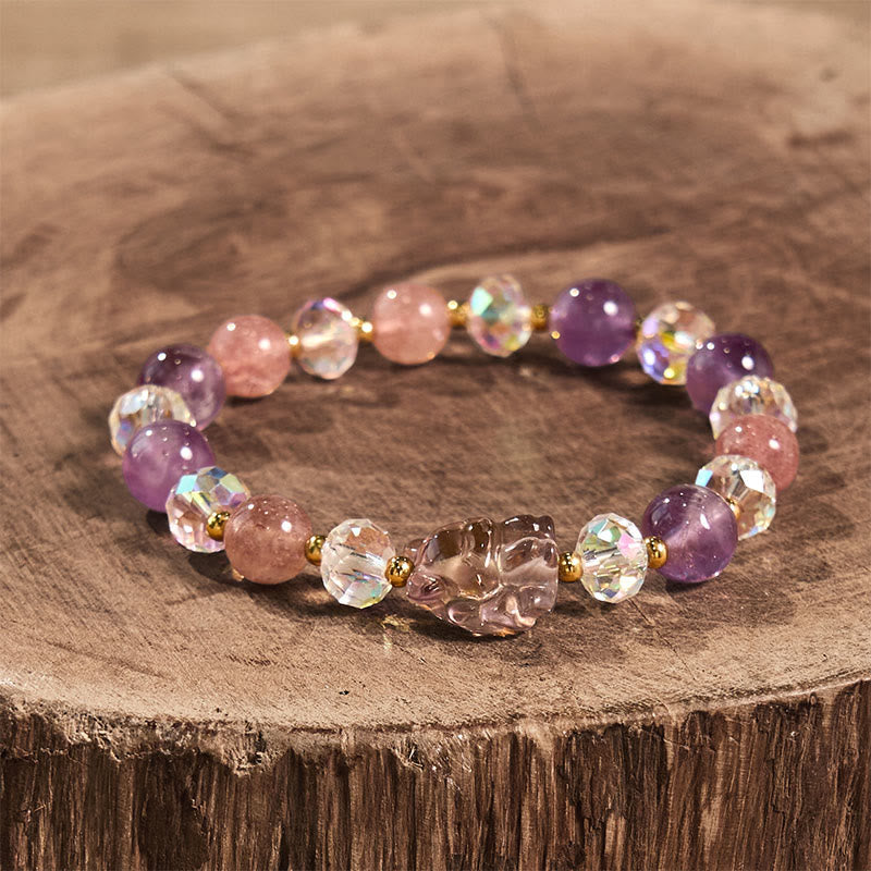 Wear FengShui Amethyst Strawberry Quartz White Crystal Nine Tailed Fox Meditation Bracelet
