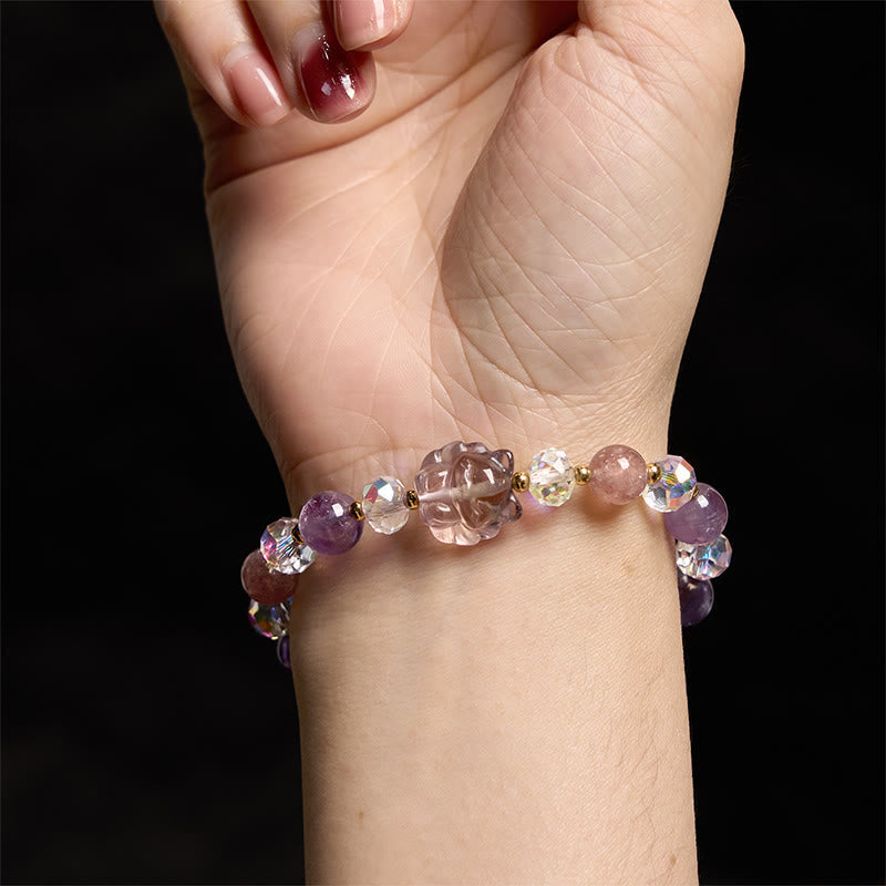 Wear FengShui Amethyst Strawberry Quartz White Crystal Nine Tailed Fox Meditation Bracelet
