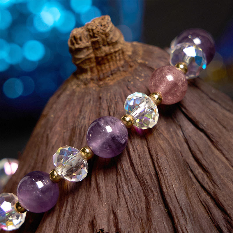 Wear FengShui Amethyst Strawberry Quartz White Crystal Nine Tailed Fox Meditation Bracelet