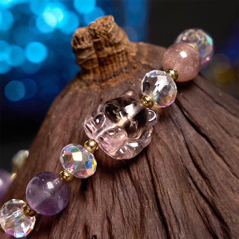 Wear FengShui Amethyst Strawberry Quartz White Crystal Nine Tailed Fox Meditation Bracelet