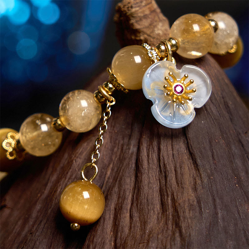 Wear FengShui Citrine Tiger Eye Flower Charm Generosity Bracelet