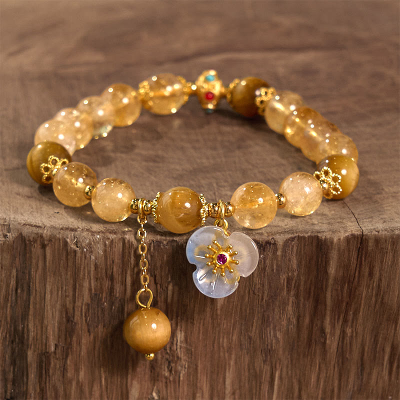 Wear FengShui Citrine Tiger Eye Flower Charm Generosity Bracelet