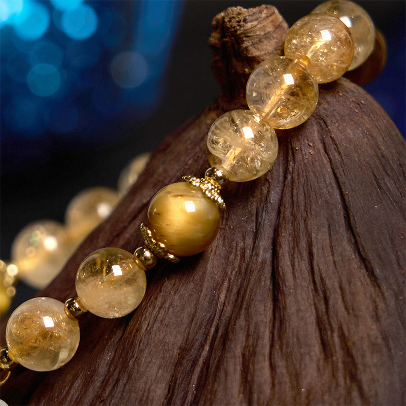 Wear FengShui Citrine Tiger Eye Flower Charm Generosity Bracelet