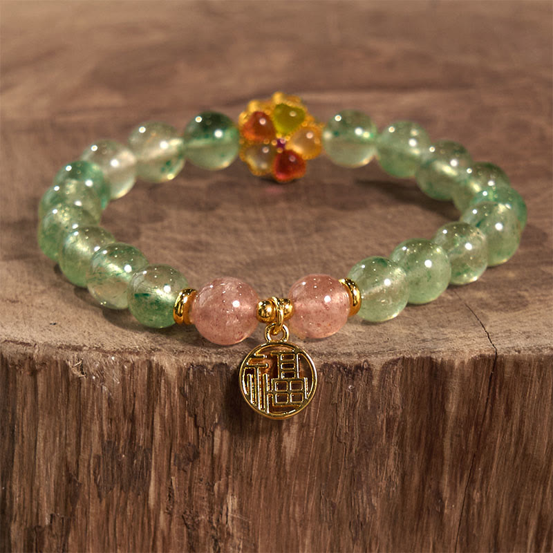Wear FengShui Natural Green Strawberry Quartz Soothing Fu Character Bracelet