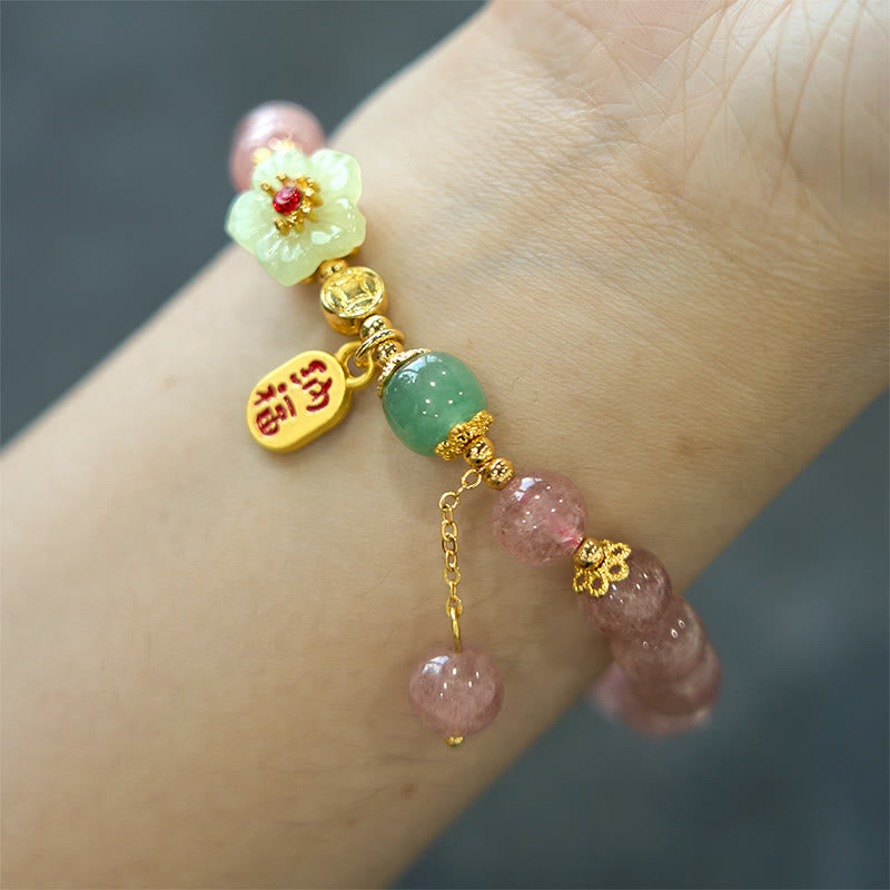 Wear FengShui Natural Strawberry Quartz Blossom Fu Character Positivity Healing Bracelet