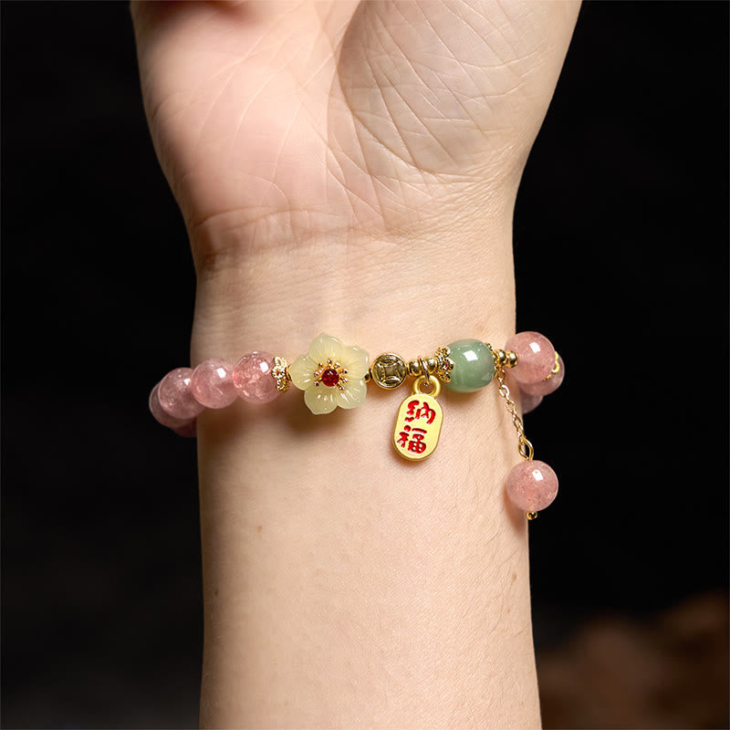 Wear FengShui Natural Strawberry Quartz Blossom Fu Character Positivity Healing Bracelet