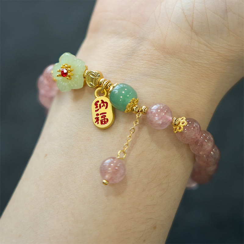 Wear FengShui Natural Strawberry Quartz Blossom Fu Character Positivity Healing Bracelet