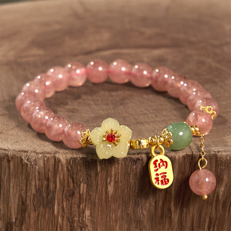 Wear FengShui Natural Strawberry Quartz Blossom Fu Character Positivity Healing Bracelet
