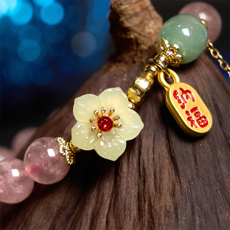 Wear FengShui Natural Strawberry Quartz Blossom Fu Character Positivity Healing Bracelet