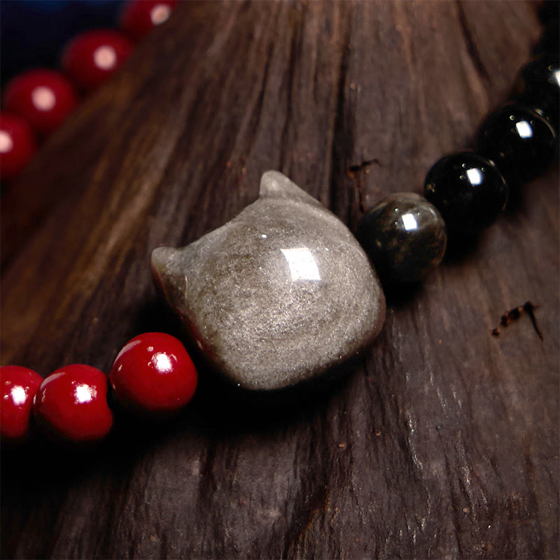Wear FengShui Black Obsidian Cinnabar Silver Sheen Obsidian Cat Fulfilment Bracelet