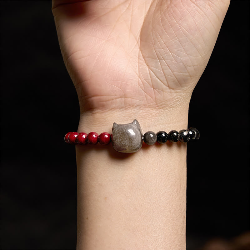 Wear FengShui Black Obsidian Cinnabar Silver Sheen Obsidian Cat Fulfilment Bracelet