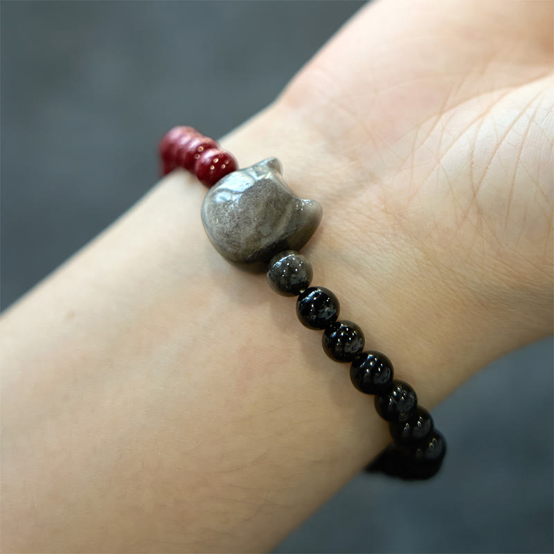 Wear FengShui Black Obsidian Cinnabar Silver Sheen Obsidian Cat Fulfilment Bracelet